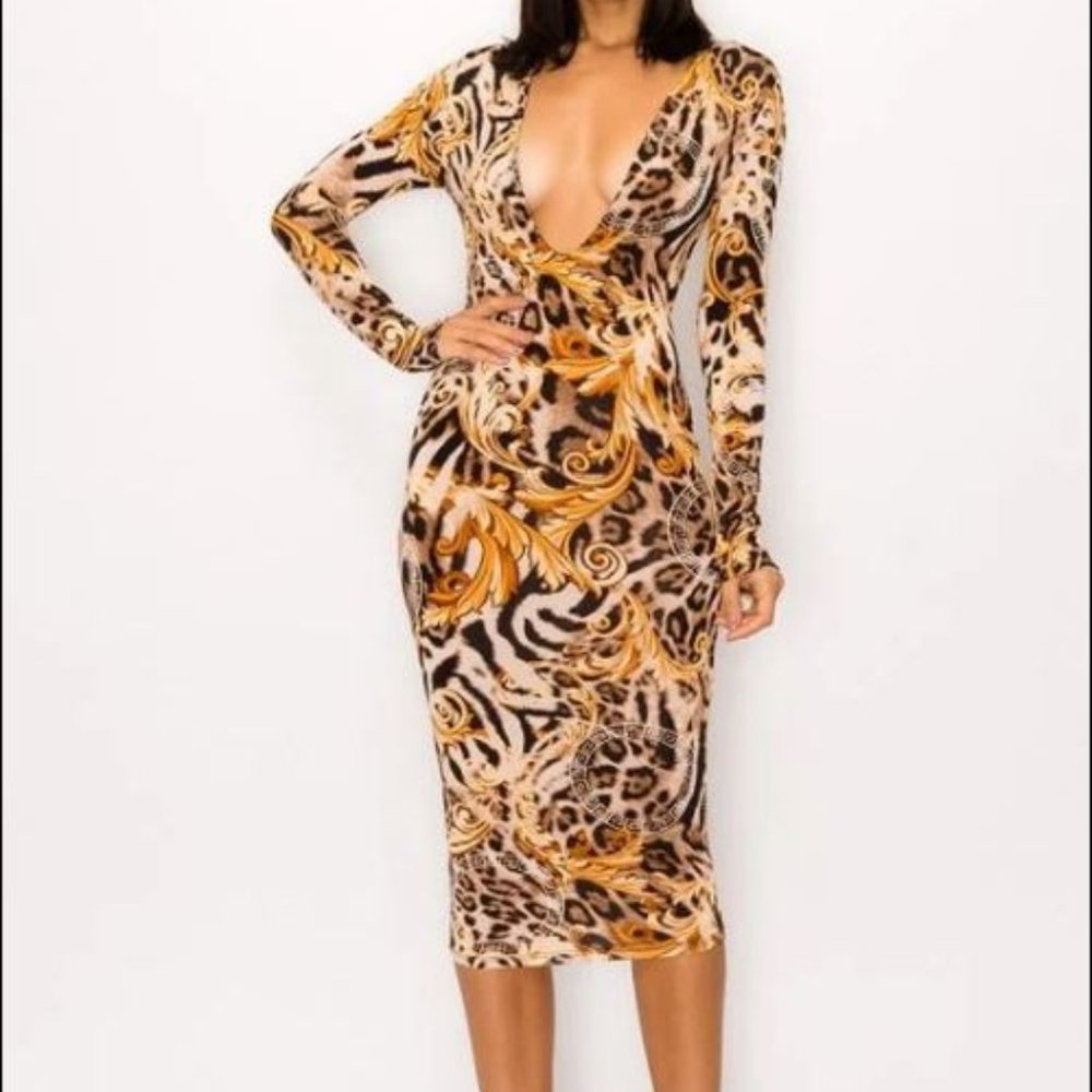 Long-sleeved Leopard Print Bodycon V-neck Dress - Picture 1 of 4